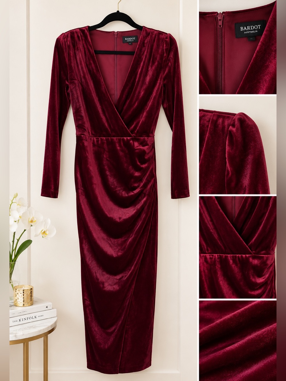 Bardot Wine Red Velvet Long-Sleeve Midi Dress